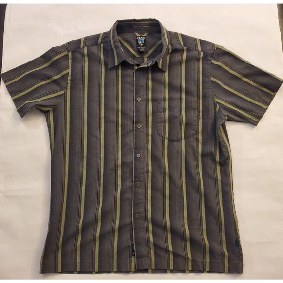 Kuhl Response Short Sleeve Button Down Shirt Sz L, Mens Pinstripe Gray Green Tan - Picture 1 of 8